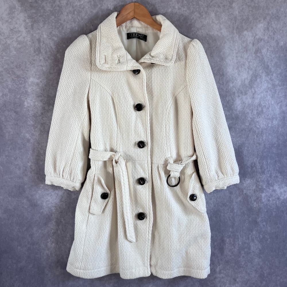 Zara TRF Collection Textured Wool Blend Coat Womens Small Cream Belted Button Up